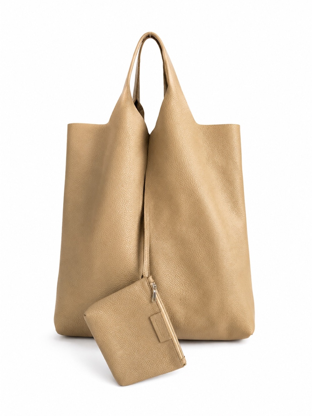 Handmade Made in Italy Tan Pebbled Leather Tote Bag with Pouch